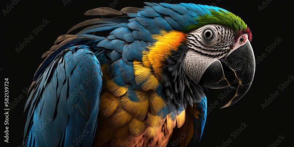 Illustration of a Beautiful parrot sitting on a branch, close up colourful parrot wallpaper 