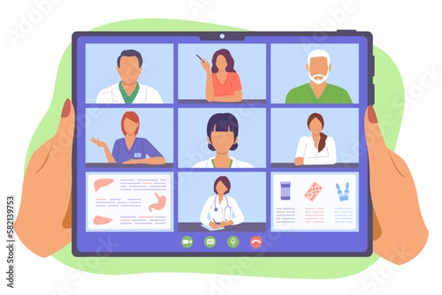 Group of doctors visiting virtual medical conference. Webinar room for medical staff. Business remote teleconference. Distance group call. Video call meeting with therapists. Vector