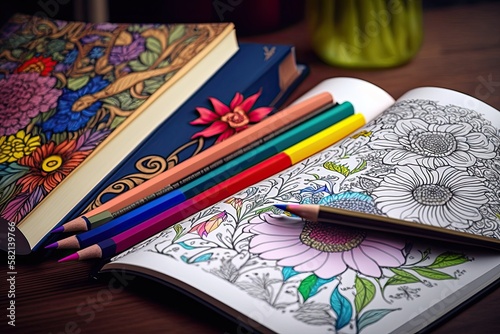 Colorful pencils lying near a coloring book, waiting to be used. Generated by AI © Кирилл Макаров