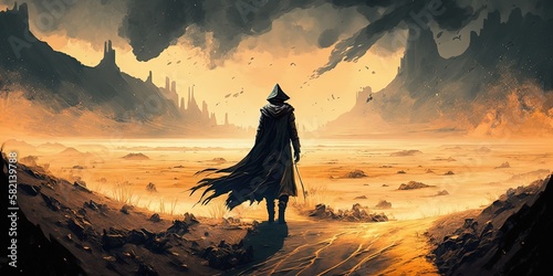 A dark man walks through a scary desert in a fantasy world, Generative AI