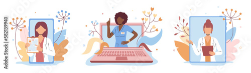 Set of female doctors giving remote medical consultations via Internet. Professional medical team. Making diagnoses and treating online remotely. Vector