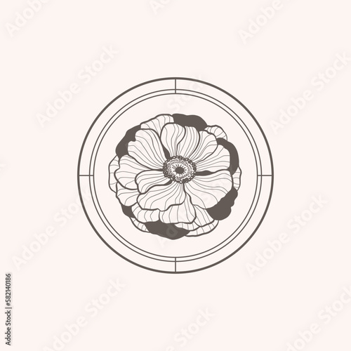 Minimalistic flower graphic sketch drawing  black icon  stamp  trendy tattoo design  floral botanic elements vector illustration.