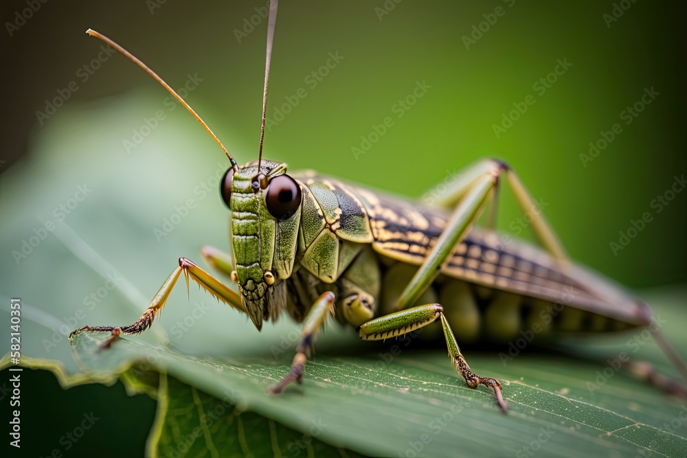 A striking close-up of a green grasshopper perched on a leaf, capturing its intricate details and textures. Generated by AI A striking close-up of a green grasshopper perched on a leaf, capturing its intricate details and textures. Generated by AI