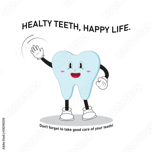 Vector illustration of a dental mascot cartoon who happily invites you to always maintain healthy teeth. Character vector illustration with quotes about life.