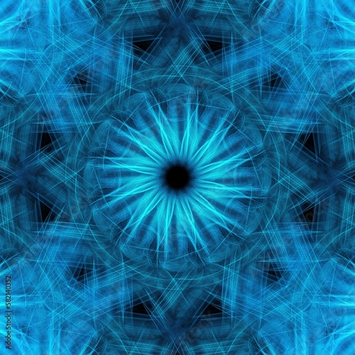 Modern futuristic neon blue geometric floral pattern design with circular flower at the center 