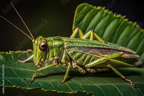 A striking close-up of a green grasshopper perched on a leaf, capturing its intricate details and textures. Generated by AI © Кирилл Макаров