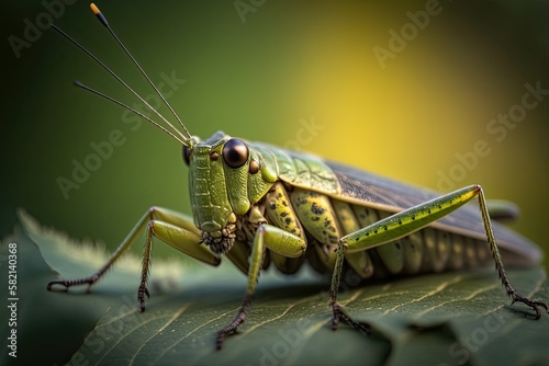 A stunning photograph of a green grasshopper resting on a leaf, with vibrant colors and sharp details. Generated by AI. © Кирилл Макаров