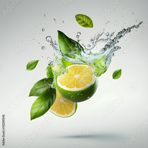Fresh juicy lime, mint leaves and splashes, splashes of water. Generative AI