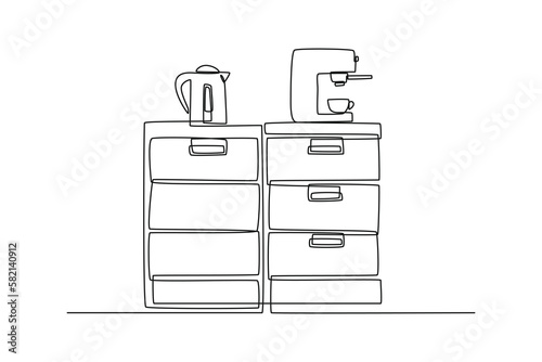 Single one-line drawing cabinets with a kettle and coffee maker on it. Kitchen room concept continuous line draw design graphic vector illustration