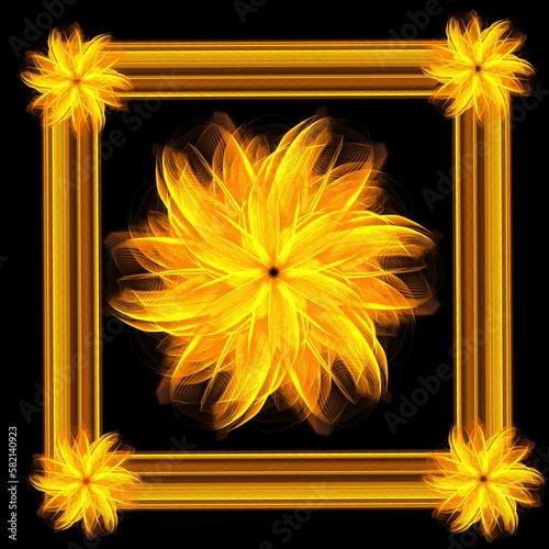 Modern futuristic glowing golden yellow flower in a gold frame on black background 