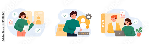 Set of cartoon characters working as hiring managers. Human resource management. Process of searching new employee. Selecting resumes of job seekers. Vector