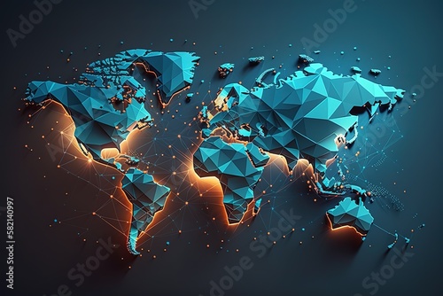 Abstract graphic world map illustration on blue backdrop, generative AI