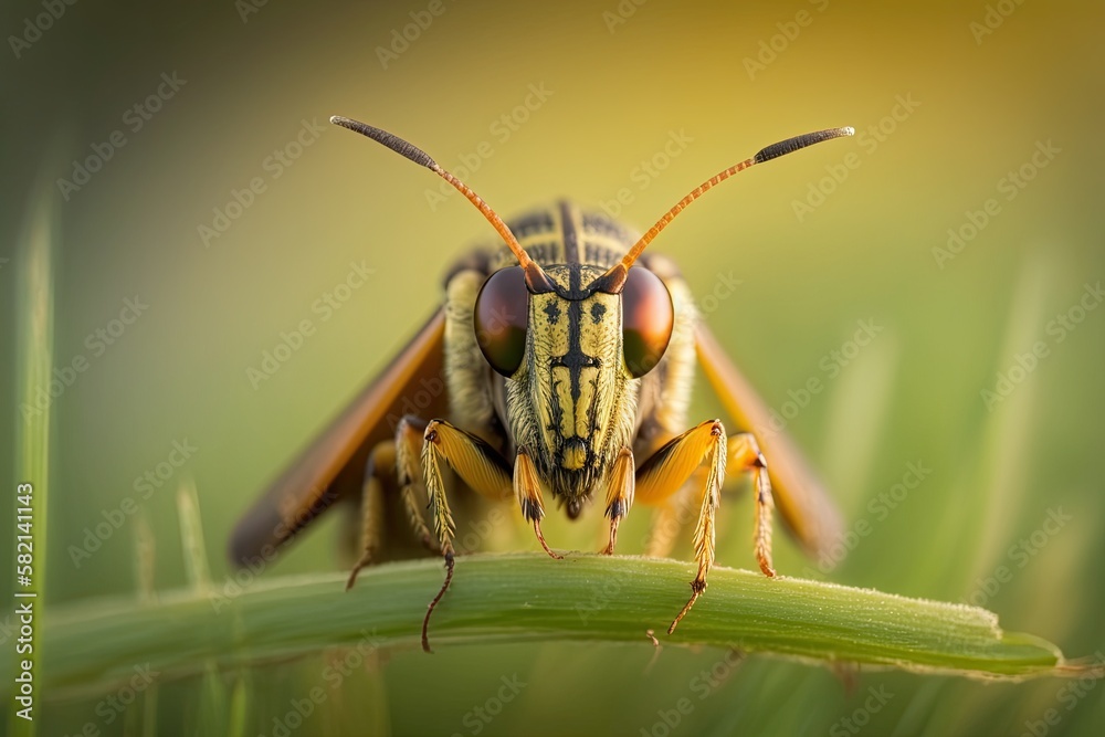 Macro shot of an insect perched on a blade of grass, with a blurred background. Generated by AI. Macro shot of an insect perched on a blade of grass, with a blurred background. Generated by AI.