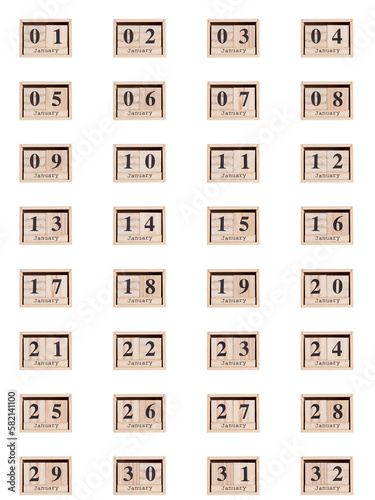 Wooden calendar, set of dates for the month of January 01-32, png on a transparent background, white photo