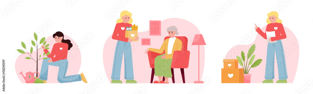 Set of different colored cartoon characters volunteering. Young women helping elderly people and ecosystem. Volunteering organization members. Vector Set of different colored cartoon characters volunteering. Young women helping elderly people and ecosystem. Volunteering organization members. Vector