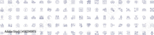 Infrastructure line icons signs set. Design collection of Buildings, roads, bridges, sewers, utilities, power, water, telecoms outline concept vector illustrations