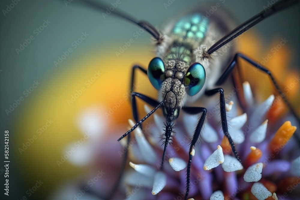 Fototapeta premium Macro shot of a mosquito on a flower, with blurred background. Generated by AI.