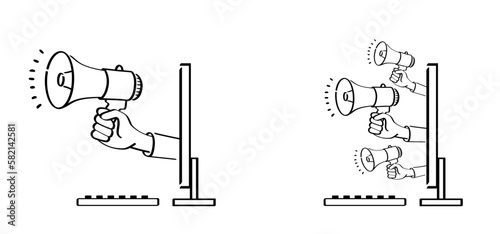 Cartoon megaphone, microphone to speak message, from the TV, computer monitor or laptop. loudspeaker, microfoon icon. Horn, announcing for atention talk. Megaphone amplifier. 