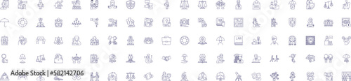 Law and justice line icons signs set. Design collection of Law, Justice, Jurisprudence, Legislation, Legal, Statutory, Precedent, Righteousness outline concept vector illustrations