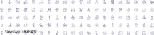 People and work line icons signs set. Design collection of Workers, Human, Employment, Colleagues, Job, Professionals, Employees, Staff outline concept vector illustrations