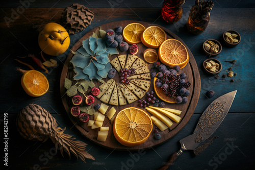 improving the body's natural defense system, immunity boosting concept. Seasonal Fruit Cut Up And Arranged On A Wooden Board, Aesthetic, Warm Dramatic Lighting by generative AI