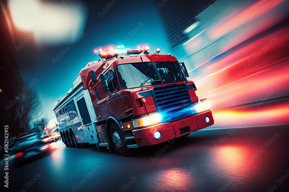 Fire engine driving fast on a road in an emergency. Fire truck with blue lights moving to fire. Generative AI Fire engine driving fast on a road in an emergency. Fire truck with blue lights moving to fire. Generative AI