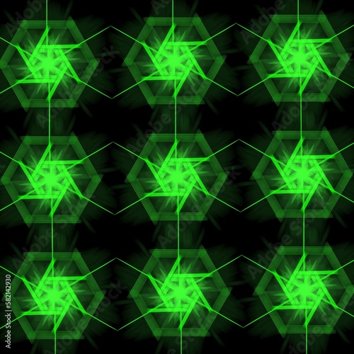 Modern futuristic green hexagonal geometric shapes repeat pattern design on black background 