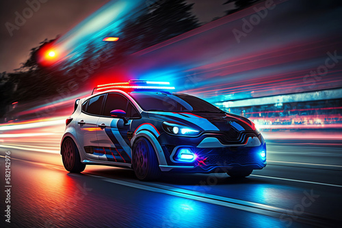 Police car in motion blur with flashing lights. Police car drive to emergency call. Generative AI © Klemenso