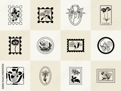 Minimalistic flower graphic sketch drawing, black icon, stamp, trendy tattoo design, floral botanic elements vector illustration.