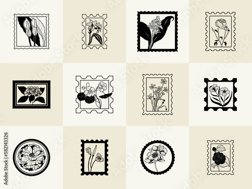 Minimalistic flower graphic sketch drawing, black icon, stamp, trendy tattoo design, floral botanic elements vector illustration.