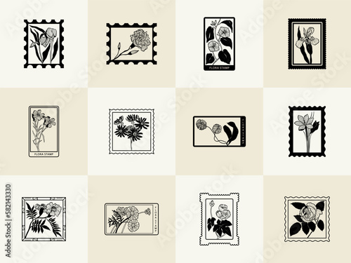 Minimalistic flower graphic sketch drawing, black icon, stamp, trendy tattoo design, floral botanic elements vector illustration.