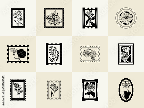 Minimalistic flower graphic sketch drawing, black icon, stamp, trendy tattoo design, floral botanic elements vector illustration.