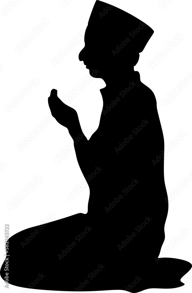 arabic man praying silhouette,black white background,vector illustration