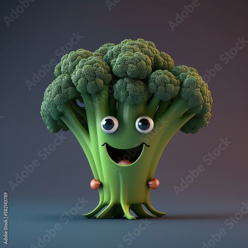 Cute Cartoon Character 3D Broccoli with Smiling Face generative ai