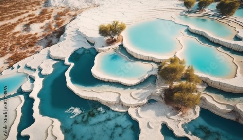 Aerial top view Pamukkale travertine pools  terraces with blue water. Concept travel landmark Turkey