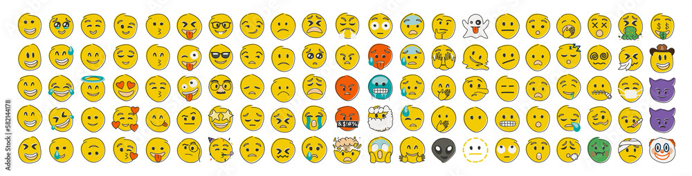 Hand drawn yellow emoji in flat shape style. Funny emoticons faces with facial expressions. Big set. Hand drawn yellow emoji in flat shape style. Funny emoticons faces with facial expressions. Big set.