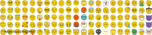 Hand drawn yellow emoji in flat shape style. Funny emoticons faces with facial expressions. Big set.