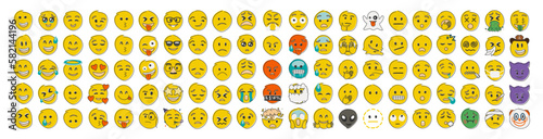 Hand drawn yellow emoji in flat shape style. Funny emoticons faces with facial expressions. Big set.