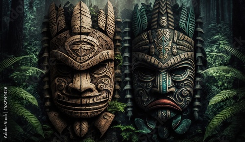 Natural totems tiki mask Indians on background of forest. Generative AI © Diego