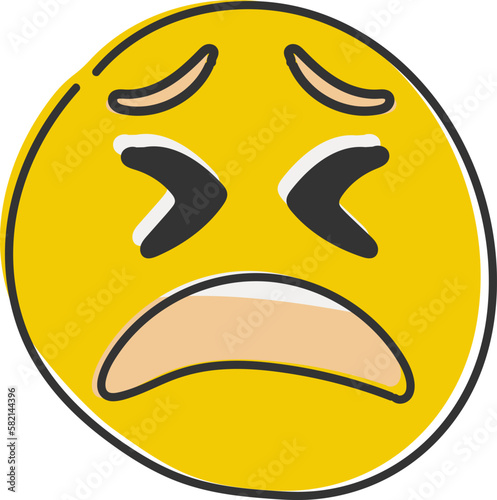 Exhausted emoji. Tired emoticon, yellow face with X-shaped scrunched eyes. Hand drawn, flat style emoticon.