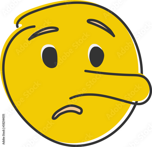 Liar emoji. Pinocchio emoticon with long nose, lying yellow face. Hand drawn, flat style emoticon.
