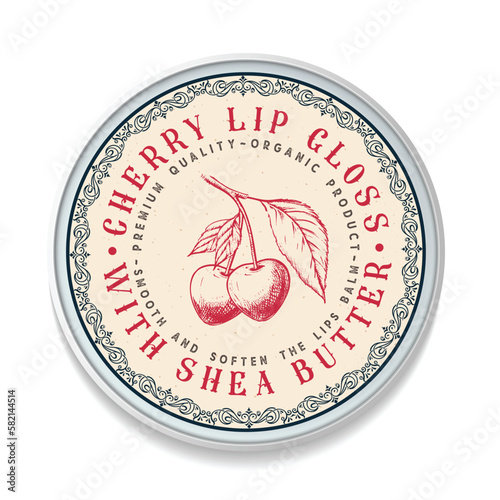 Cherry Lips Balm Vintage label packaging design, round shape. Great for package, tags, stickers, etc. Perfect for your business. Simple style. Flat design.