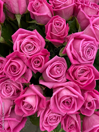 Rose buds in the bouquet are tightly pressed together  rich dark pink shades have a smooth and silky texture.
