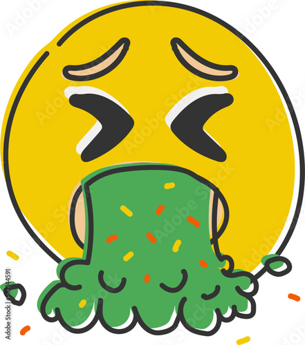 Vomiting emoji. Emoticon throwing up, yellow face with X-shaped eyes spewing green vomit. Hand drawn, flat style emoticon.