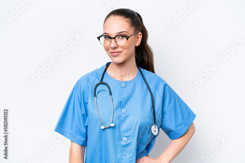 Young caucasian surgeon doctor woman isolated on white background laughing