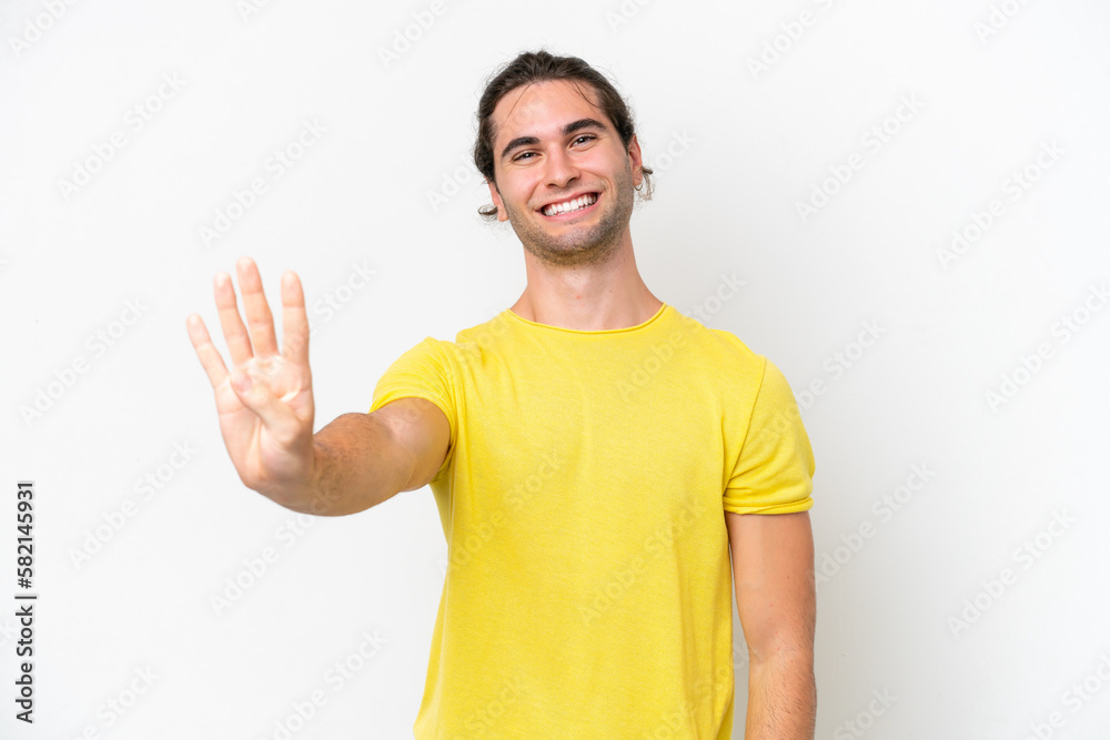 Caucasian handsome man isolated on white background happy and counting four with fingers Caucasian handsome man isolated on white background happy and counting four with fingers