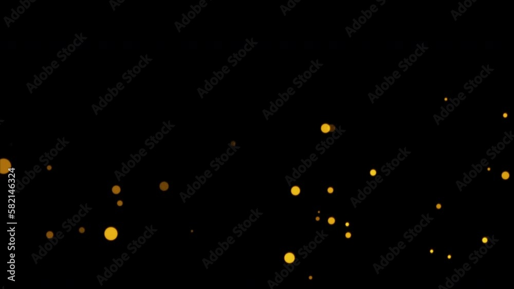 Loop motion graphics of glow gold bokeh particles flow up on black abstract background for screen project overlay. Loop motion graphics of glow gold bokeh particles flow up on black abstract background for screen project overlay.