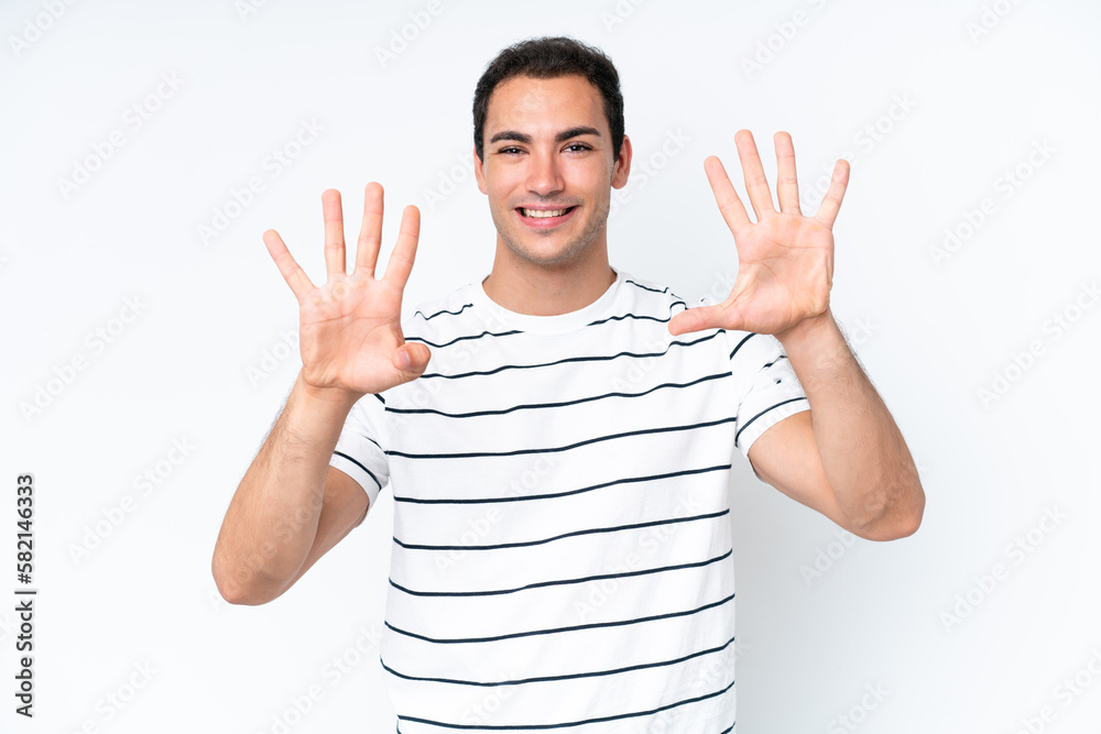 Young caucasian man isolated on white background counting nine with fingers Young caucasian man isolated on white background counting nine with fingers
