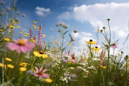 Background with wild flowers. Generative AI.