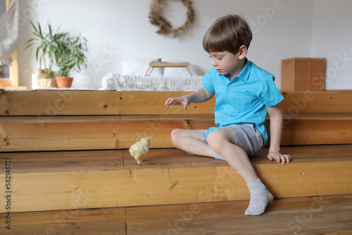 boy playing with a yellow chicken